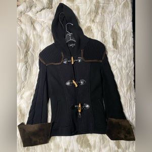 LE FULL Italian Wool Zip up Toggle Cardigan Black/brown,Medium